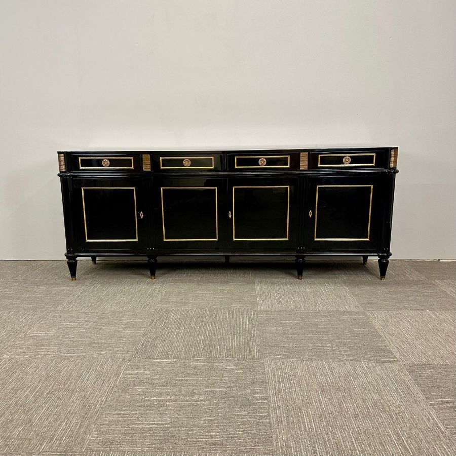 Hollywood Regency Style Black Lacquer Sideboard / Credenza , Maison Jansen Style