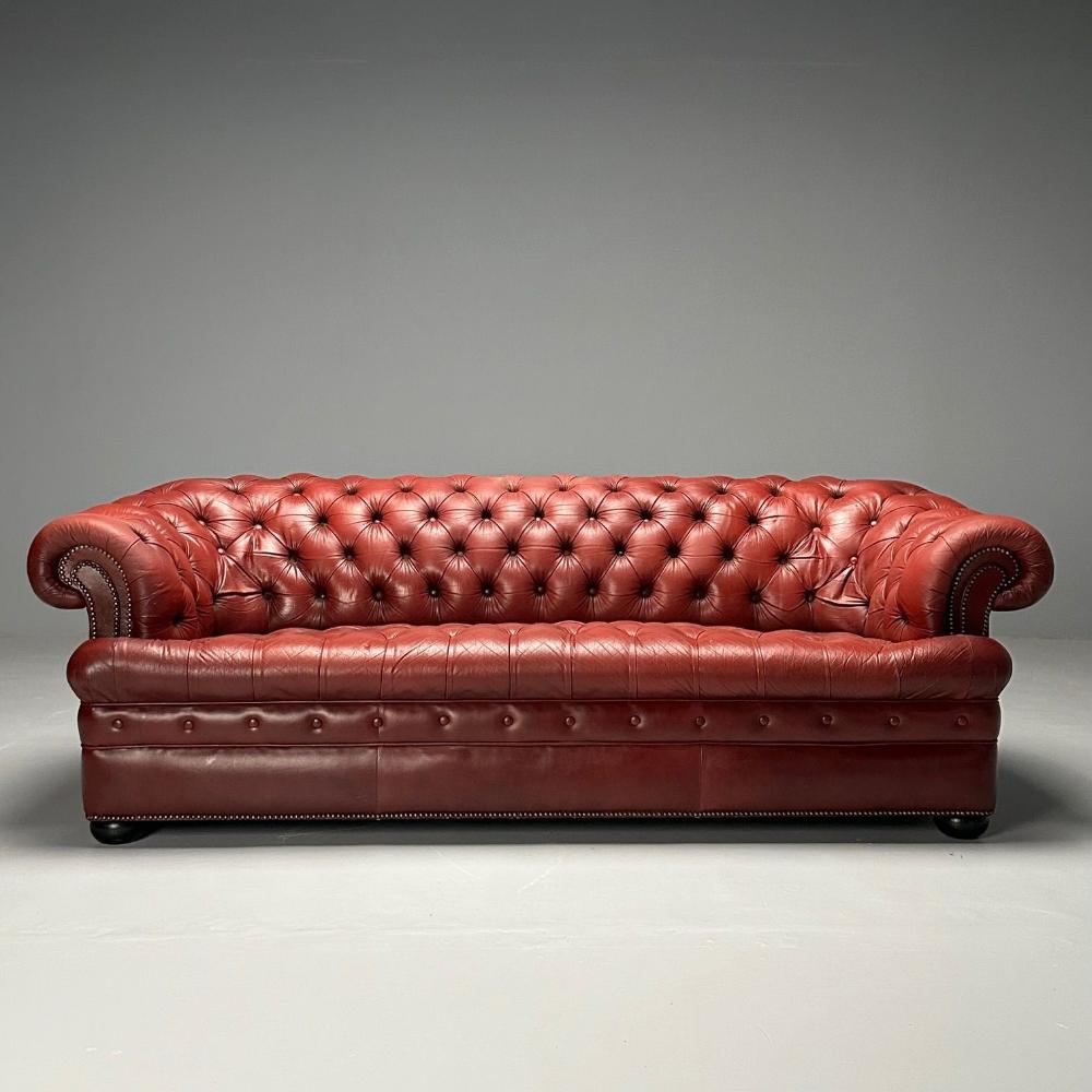 Georgian, Chesterfield Sofa, Tufted, Red Distressed Leather, Bun Feet, 2000s