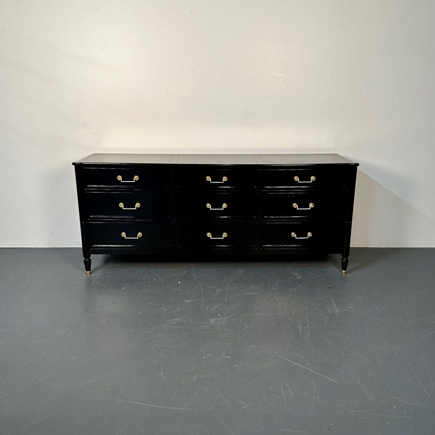 Hollywood Regency Louis XVI Style Ebony Lacquered Dresser / Chest of Drawers