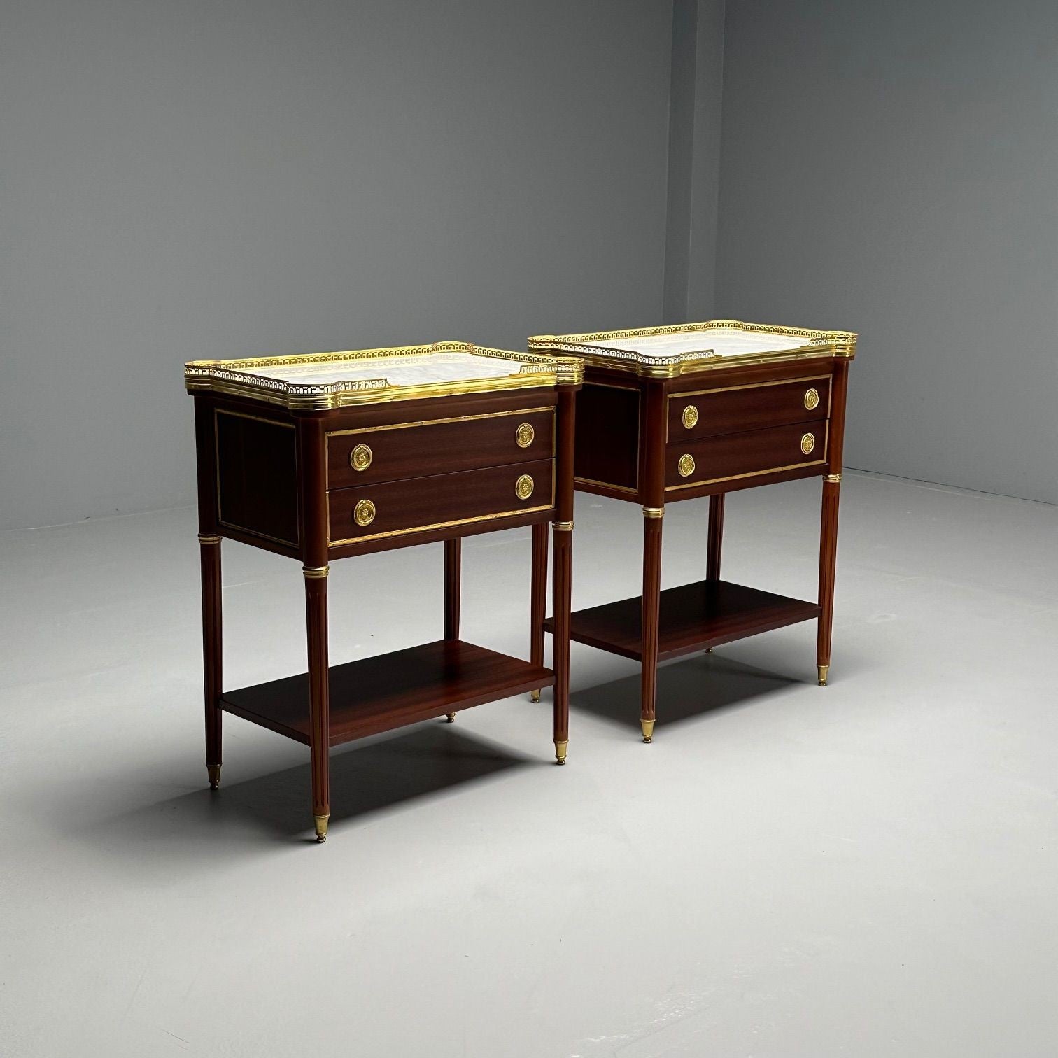 Maison Jansen Style, Hollywood Regency, Nightstands, Mahogany, Marble, Brass