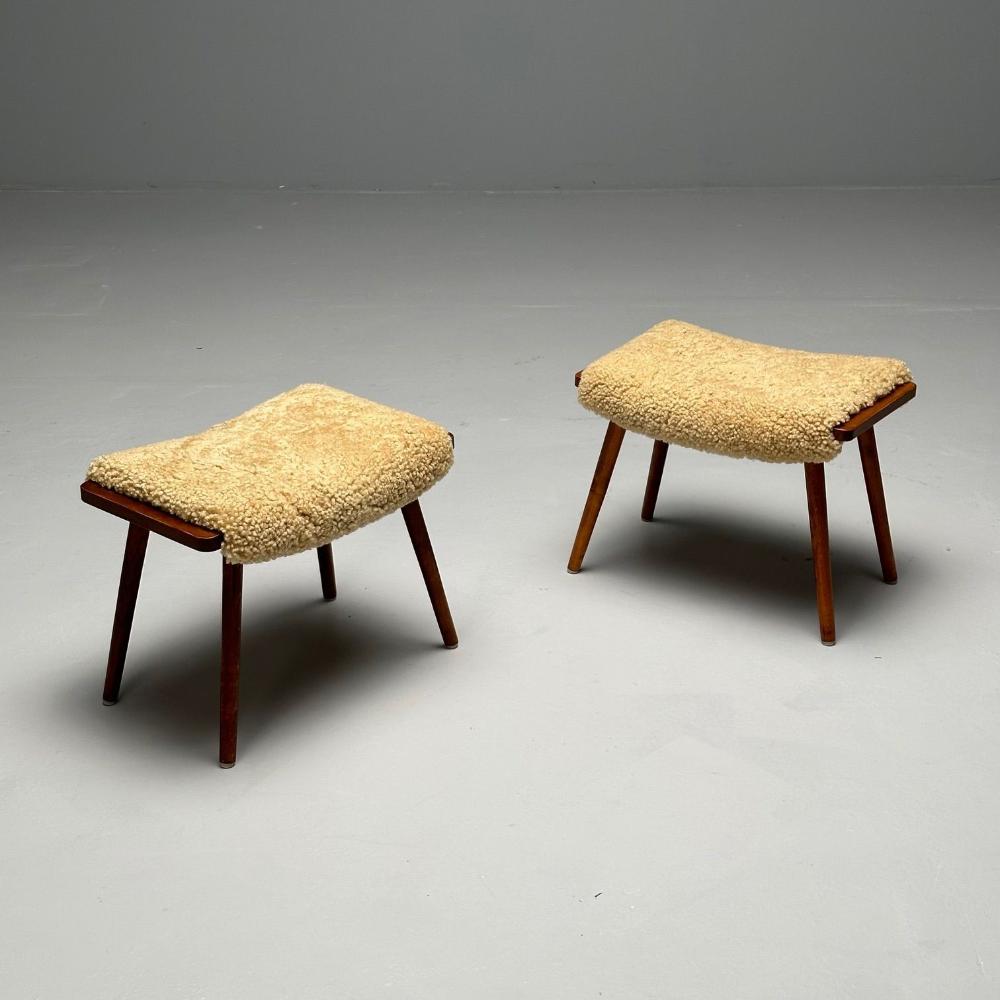 Swedish Mid-Century Modern, Stools, Honey Sheepskin, Walnut, Sweden, 1970s