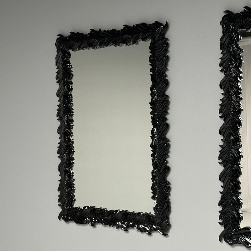 Serge Roche Style, Modern, Rectangular Leaf Wall Mirrors, Black Lacquer