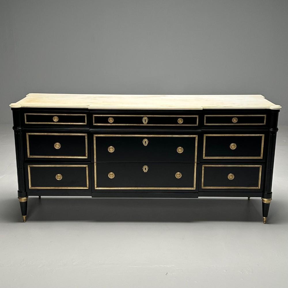 Maison Jansen, Hollywood Regency, Large Commode, Black Wood, Marble, 1940s