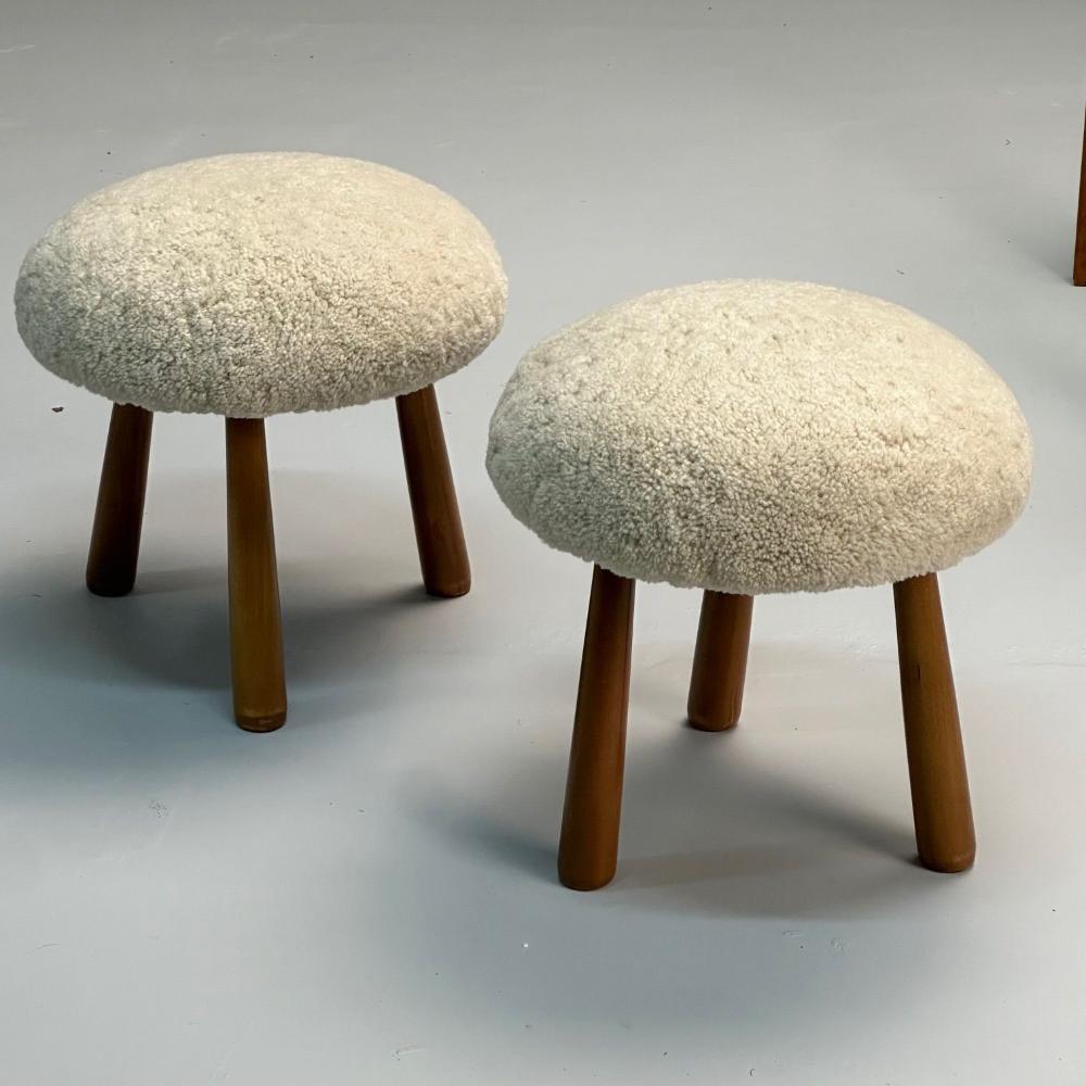 Contemporary, Swedish Modern Style, Sheepskin Stools or Ottomans, Shearling