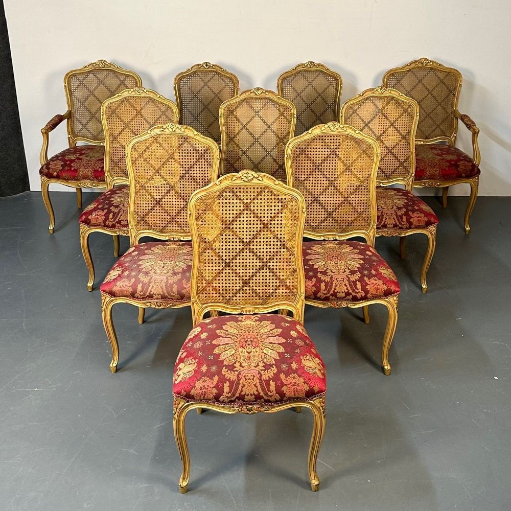 Set of Ten Louis XV Style Dining / Side Chairs, Clayed Gilt and Cane, French