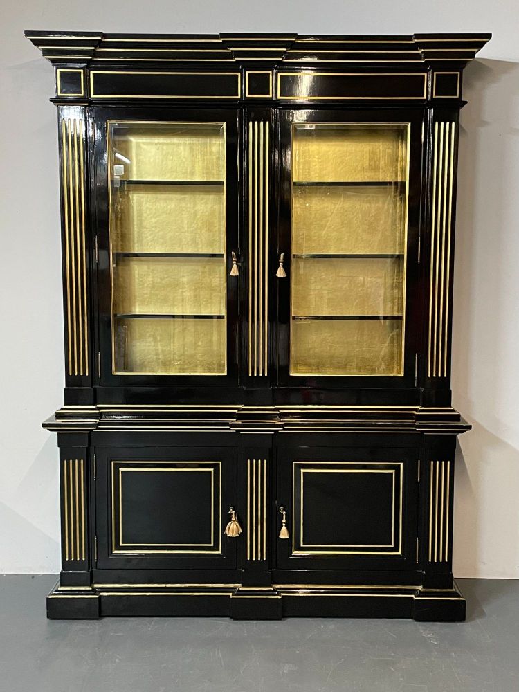 Hollywood Regency Maison Jansen Style Bookcase / Cabinet, Ebony, Gold Leaf