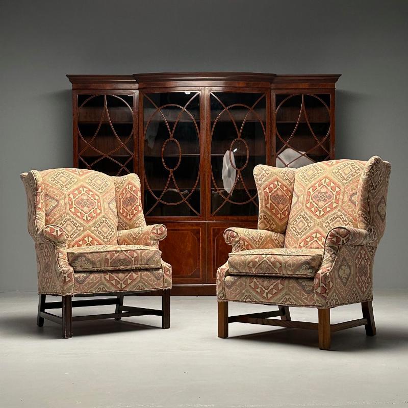 English Georgian Style, Wingback Chairs, Pink Aztec Print, Tapestry Fabric