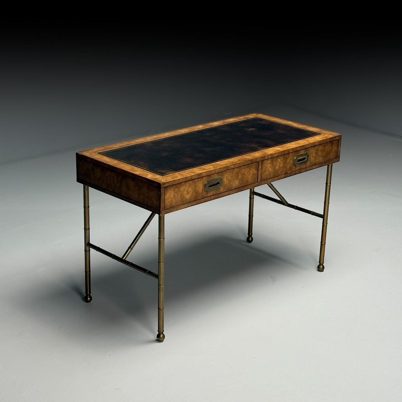 Mastercraft, Mid-Century Modern, Writing Desk, Burlwood, Brass, Leather, 1950s