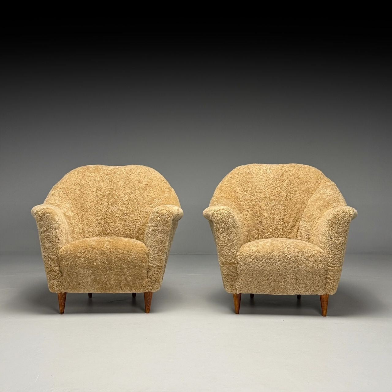 Italian Mid-Century Modern, Lounge Chairs, Honey Shearling, Stained Wood, 1950s