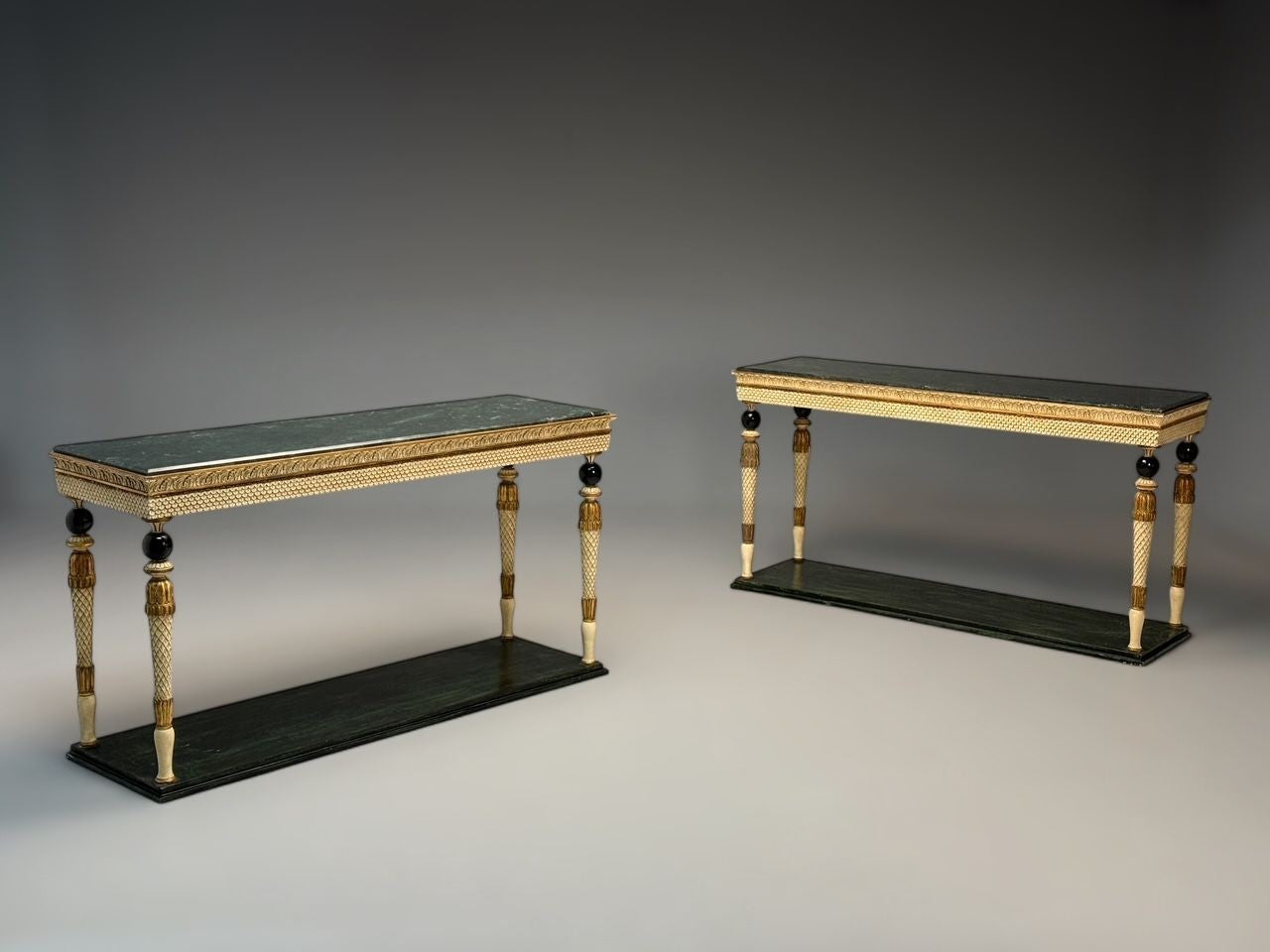 Maison Jansen Neoclassical Style Console Tables, Carved Wood, Green Marble