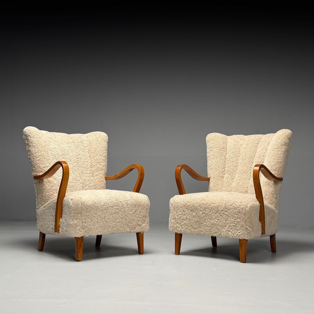 Swedish Mid-Century Modern, Lounge Chairs, Beige Sheepskin, Oak, Sweden, 1940s