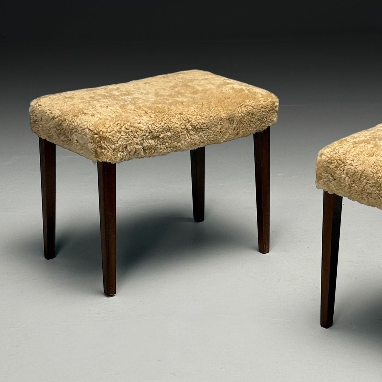 Danish Mid-Century Modern, Ottomans, Honey Shearling, Mahogany, Denmark, 1950s