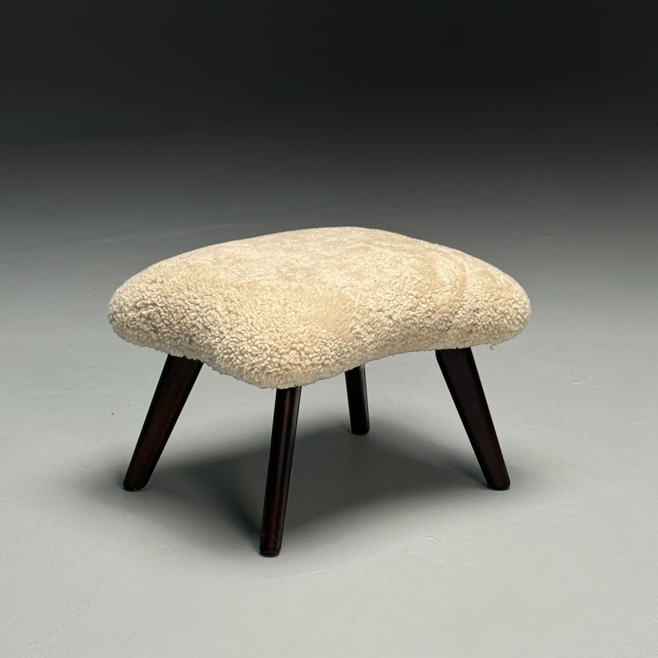 Madsen & Schubell Attr, Danish Modern, Organic Form Footstool, Shearling, 1960s