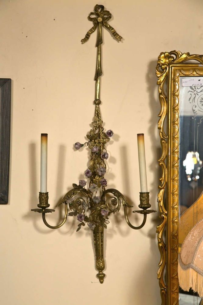 French Belle Époque Style Brass Wall Sconces Florette And Foliate Two Arms Each