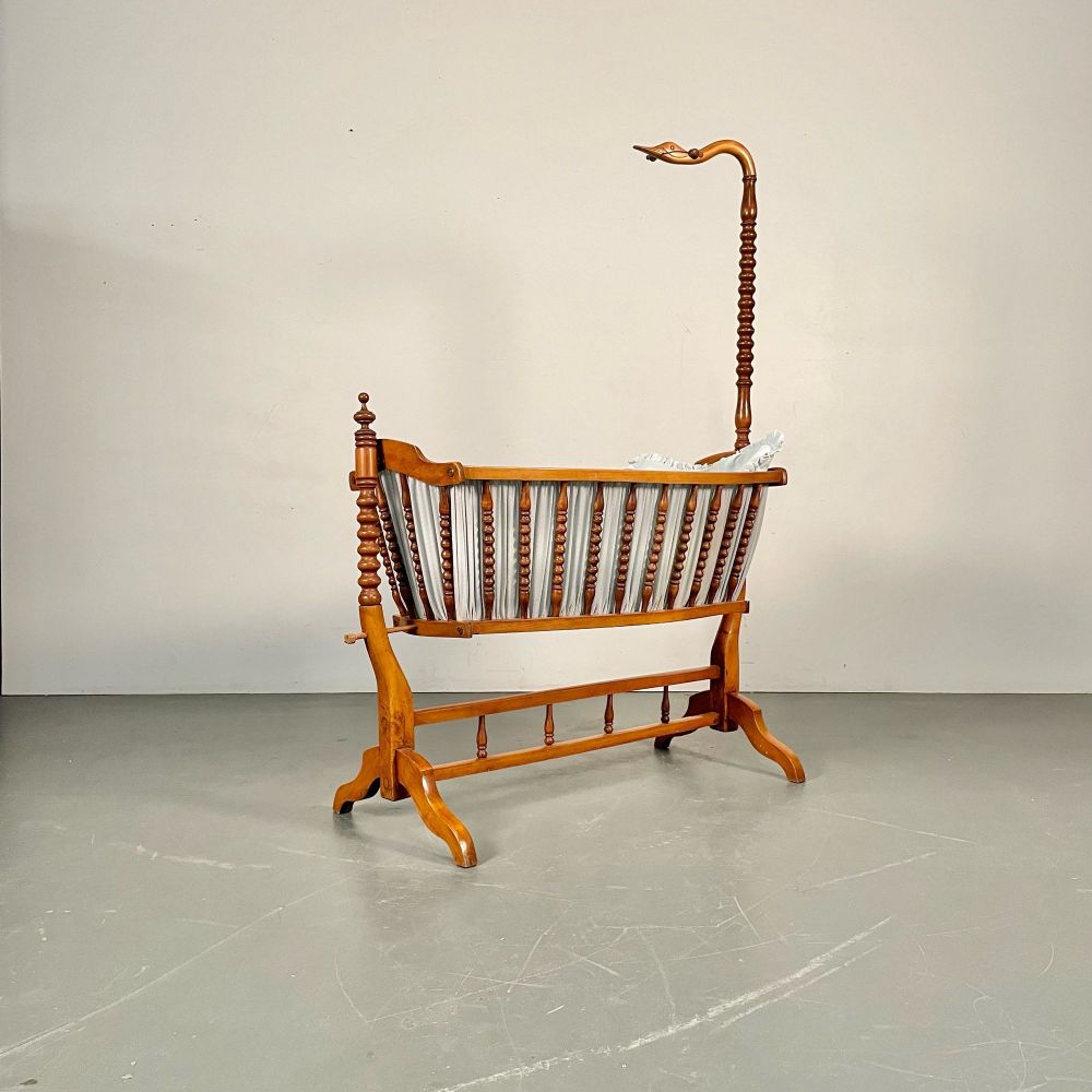 French Spindled 19th Century Walnut Decorative Cradle, Swan Motif