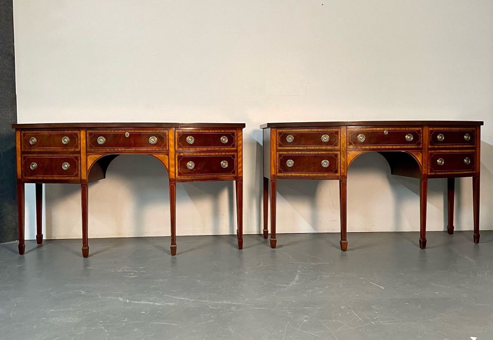 Pair of Baker Mahogany Satinwood Sideboards, Historic Charleston, Bow Front