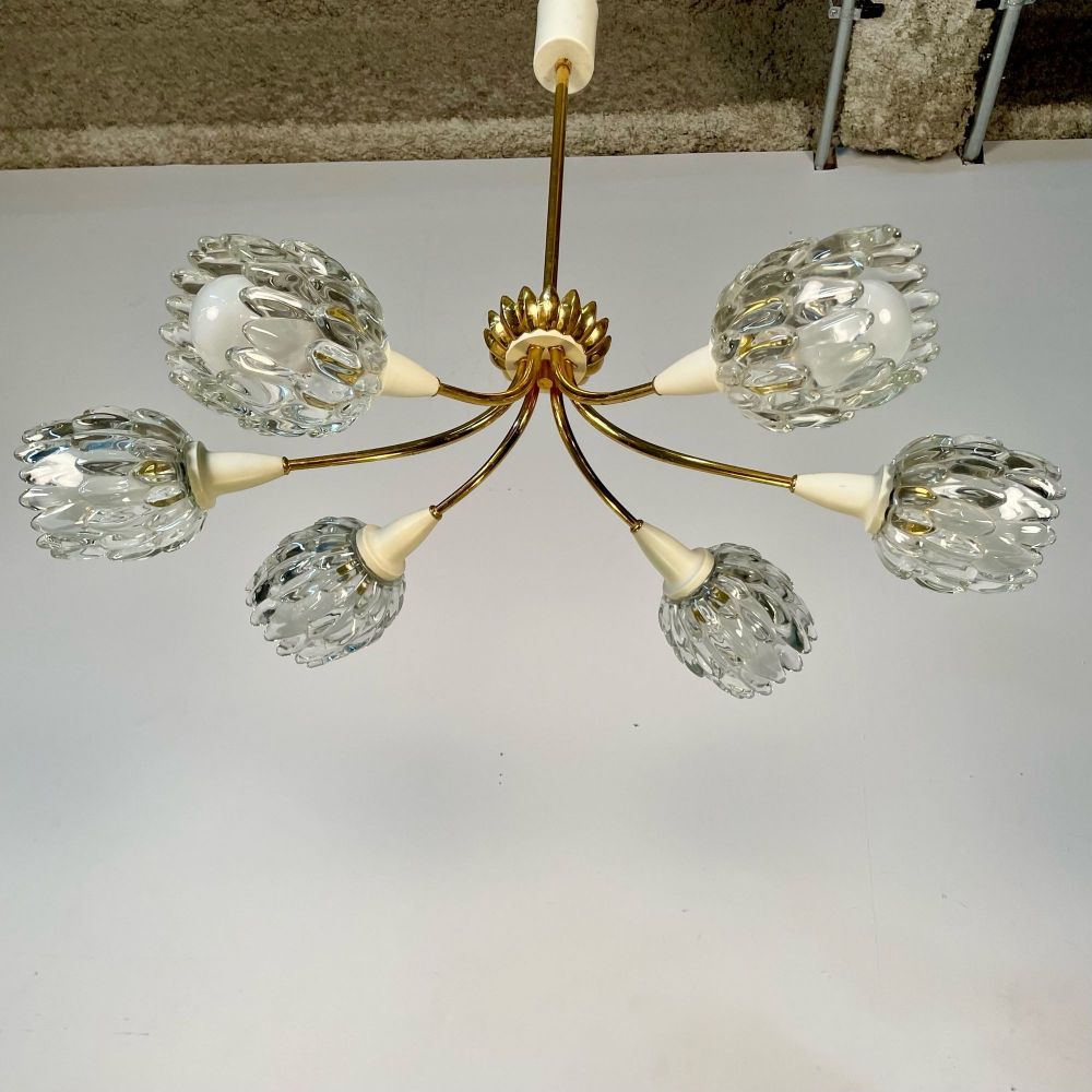 Italian Mid-Century Modern Six Light Brass Pendant / Chandelier, Textured Glass