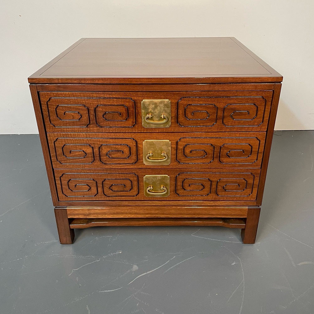 Mid-Century Modern John Widdicomb Nightstand / Walnut Chest, Greek Key Inlay