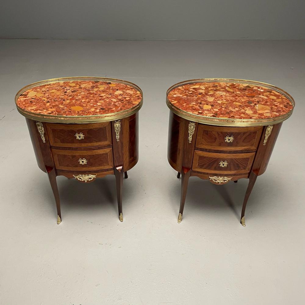 French Louis XV, Side Tables, Marquetry, Marble, Brass, France, 1930s