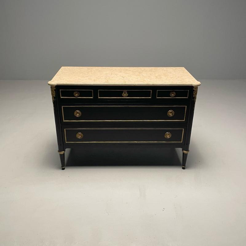 Hollywood Regency Maison Jansen Stamped Ebony Chest / Commode, Marble Top