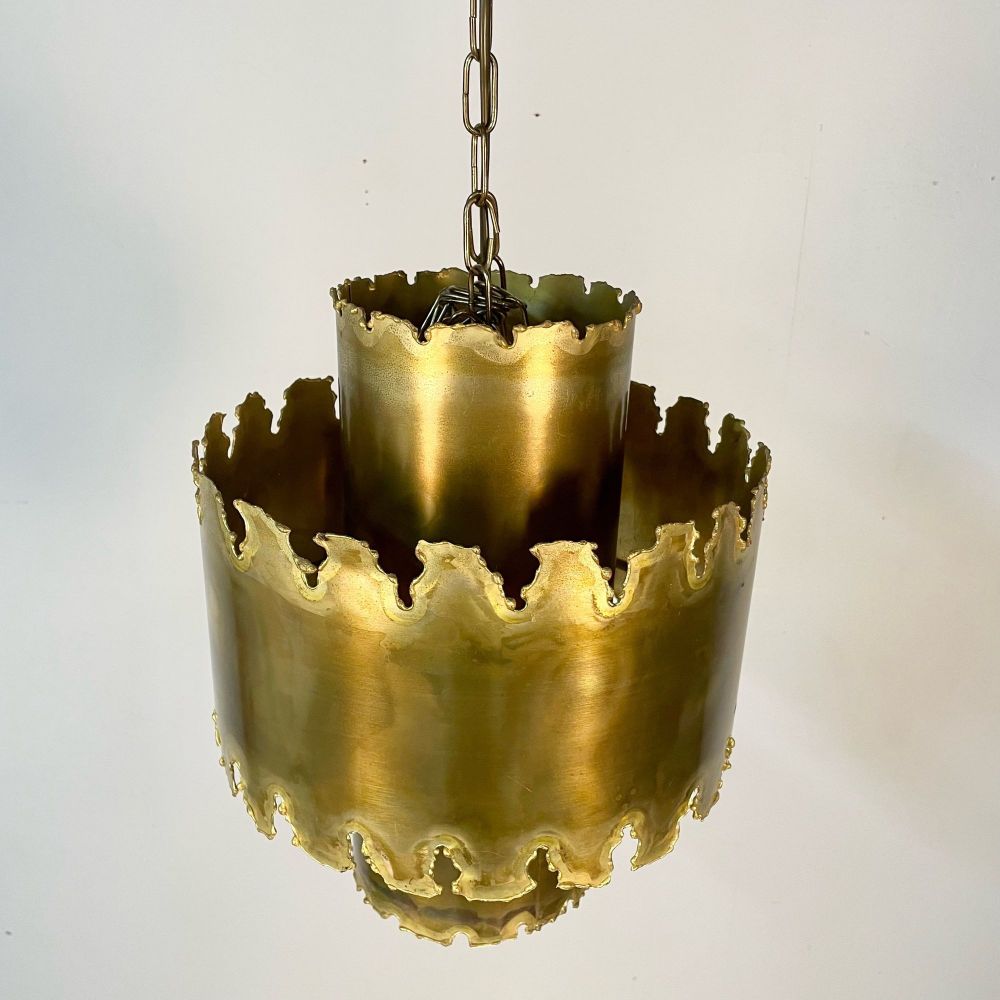 Mid-Century Modern Brutalist Chandelier / Pendant by Tom Greene, Patinated Brass