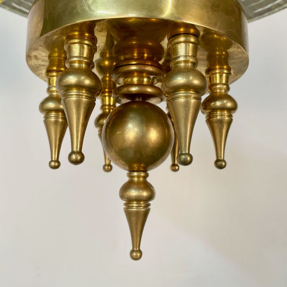 Small Hollywood Regency Style Brass Pendant / Chandelier, Starburst Etched Glass