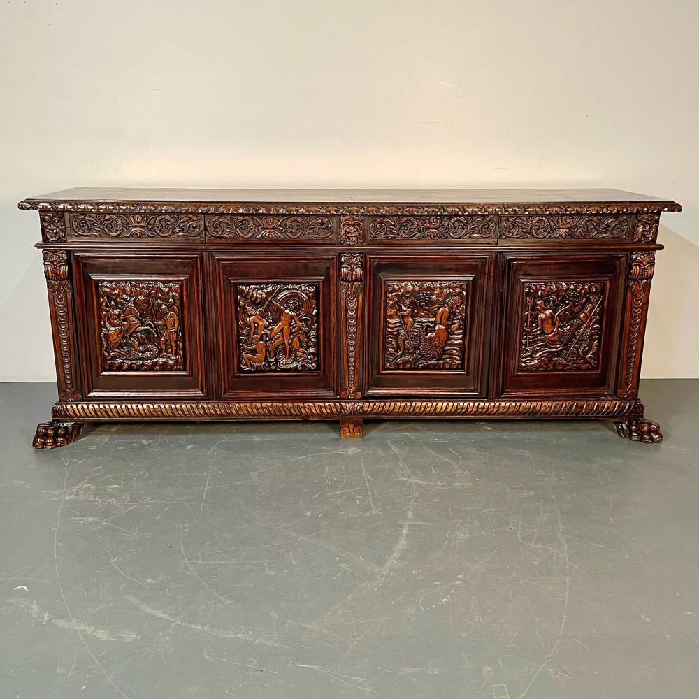 Monumental Renaissance Revival Sideboard, Heavily Carved, Mahogany, Branded