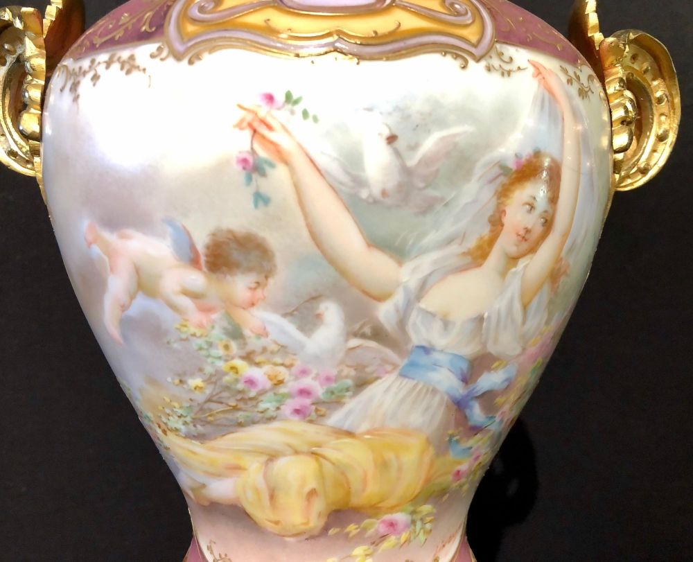 Sevres Spinning Urn Vase Having a Maiden & Cherub Painting Signed Lingaand