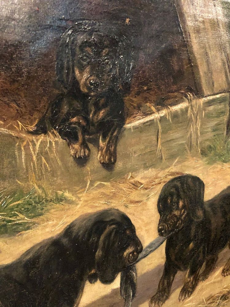 Oil on Canvas "Dachshund Puppies at Play" by Simon Ludvig Ditlev Simonsen