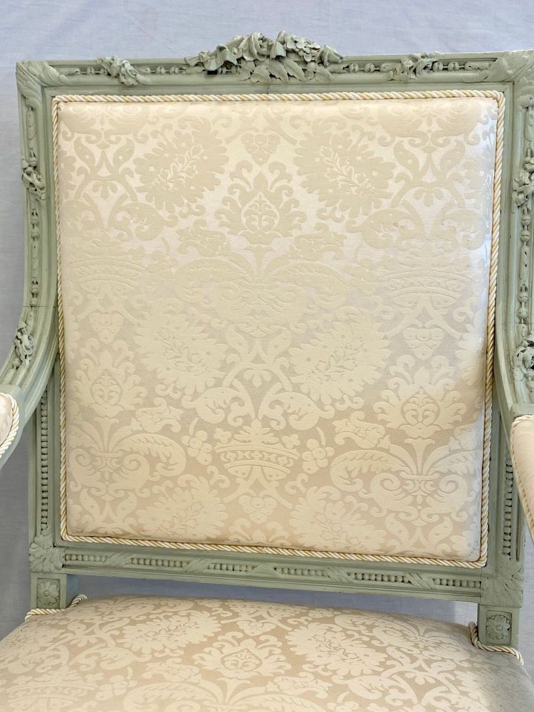 Pair of Louis XVI Style Throne or Arm Chairs, Paint Decorated Frames