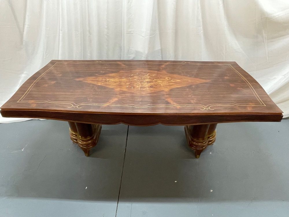 French Art Deco Dining Table by Jules Leleu, Refinished, Double Pedestal