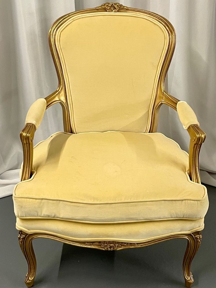 French Louis XVI Jansen Style Bergere, Arm / Accent Chair, Velvet, Giltwood