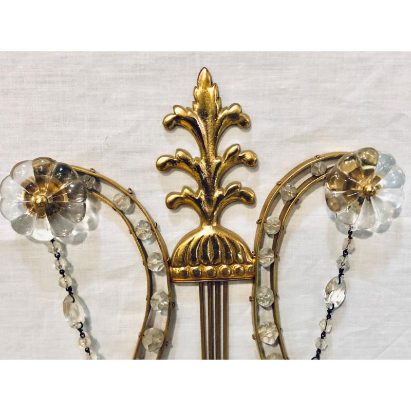 Pair of Bagues Louis XVI Style Lyre Back Crystal and Brass 2 Light Wall Sconces