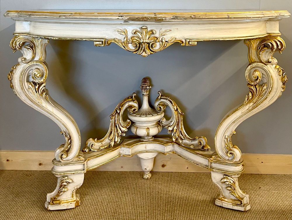 Pair of Italian Parcel Paint and Gilt Decorated Faux Marble-Top Console Tables