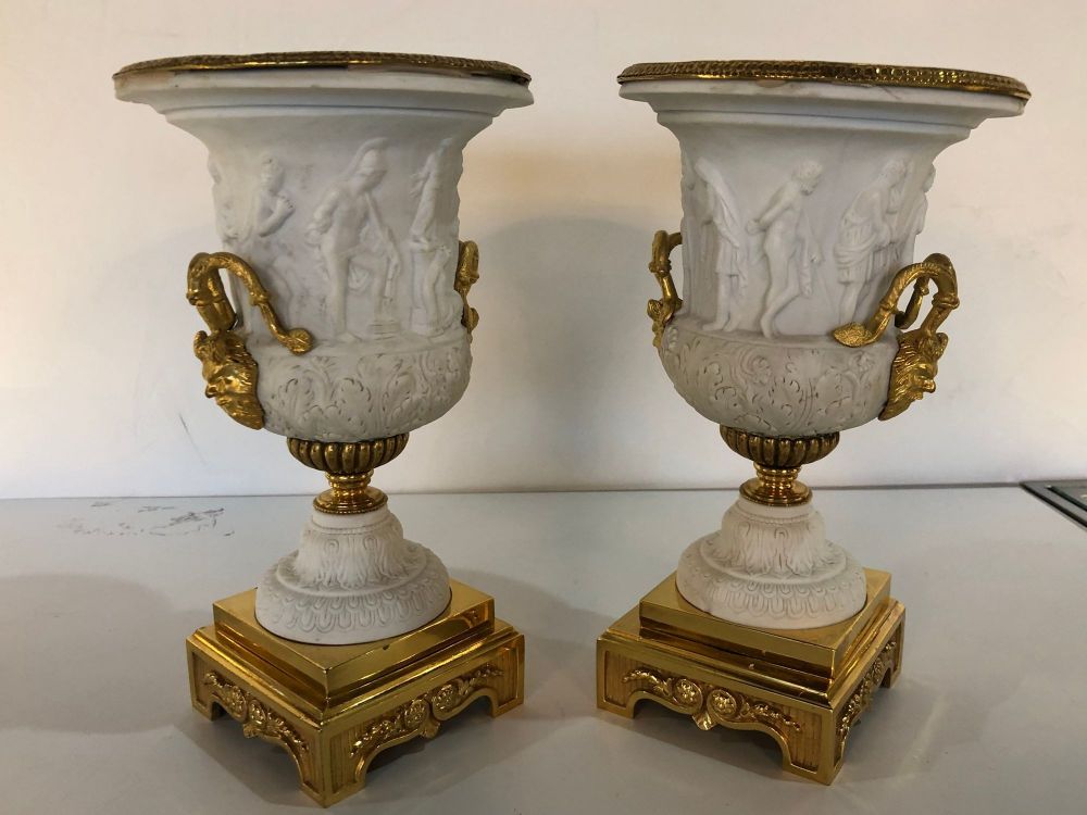 Neoclassical Sevres Parian and Doré Bronze Mounted Urns or Vases 1920s a Pair