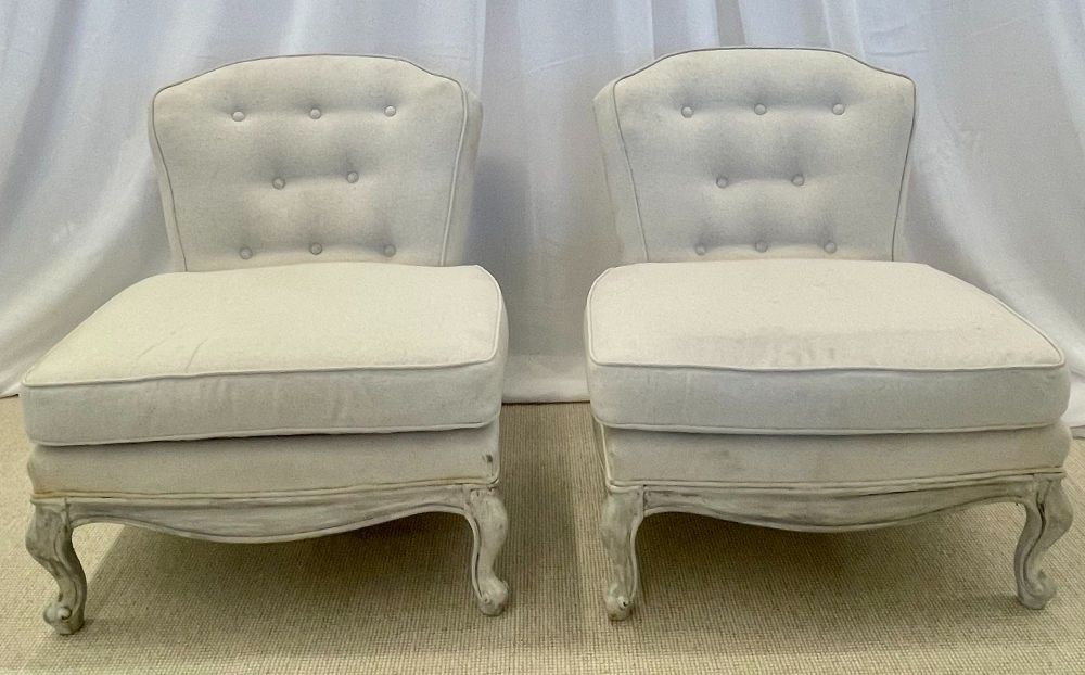 Pair Gustavian Style Slipper Chairs, Swedish Style Paint Decorated, Distressed, Linen