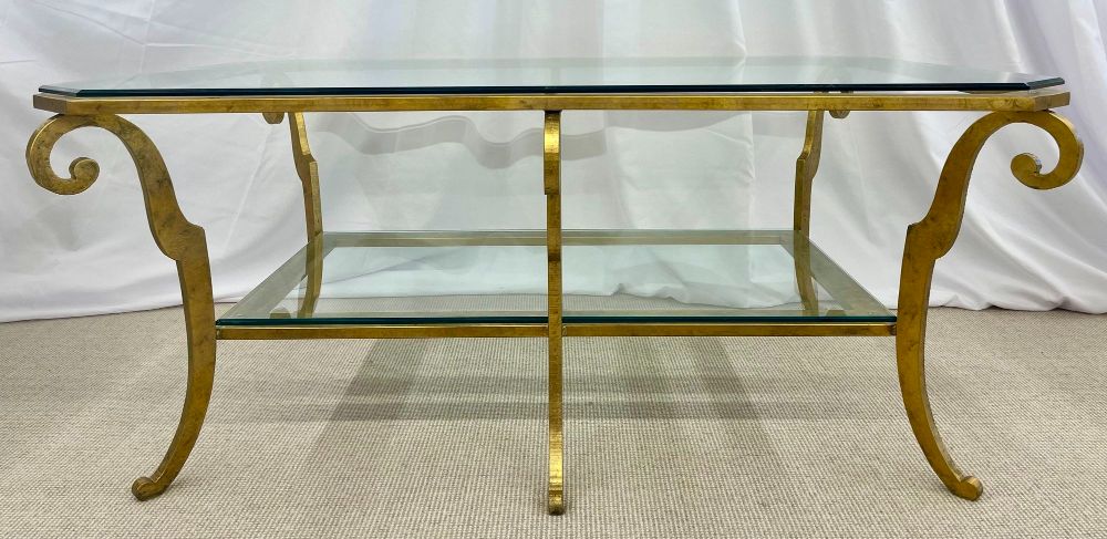 Neoclassical Style Large Gilt Metal Frame Coffee Table, Glass Top, French