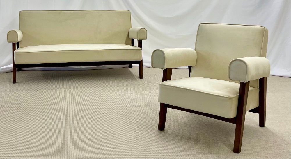 Pierre Jeanneret, French Mid-Century Modern, Bridge Sofa Set, Teak, Suede