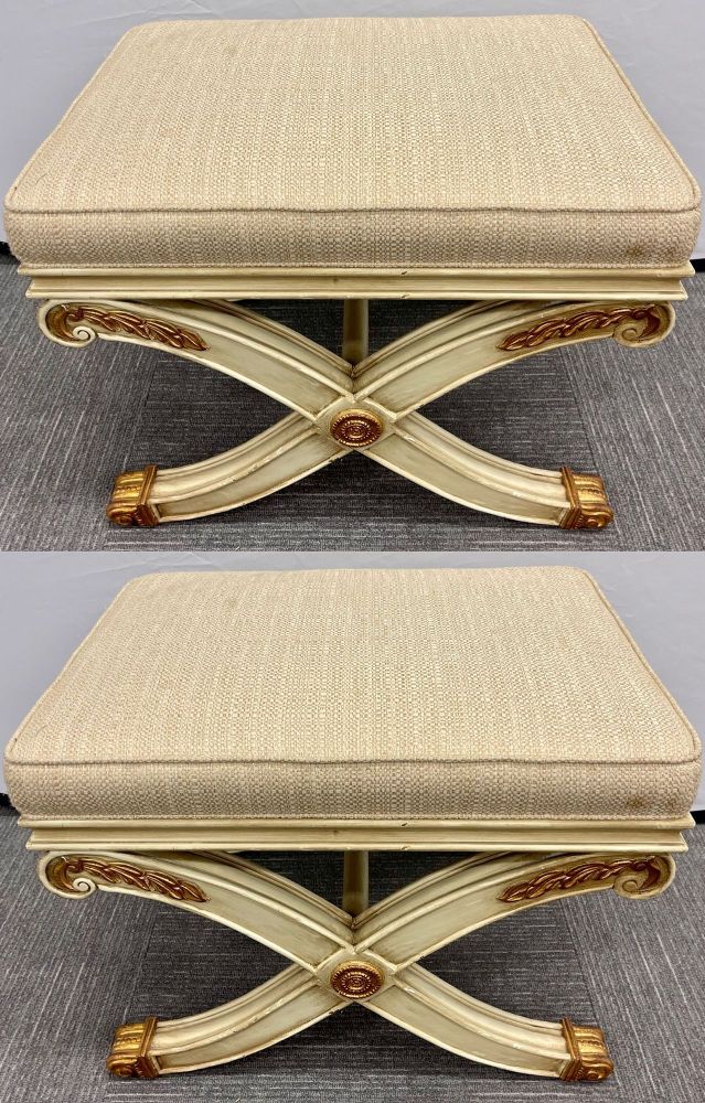 Pair of Maison Jansen Style X-Form Benches or Footstools Ivory And Parcel Gilt