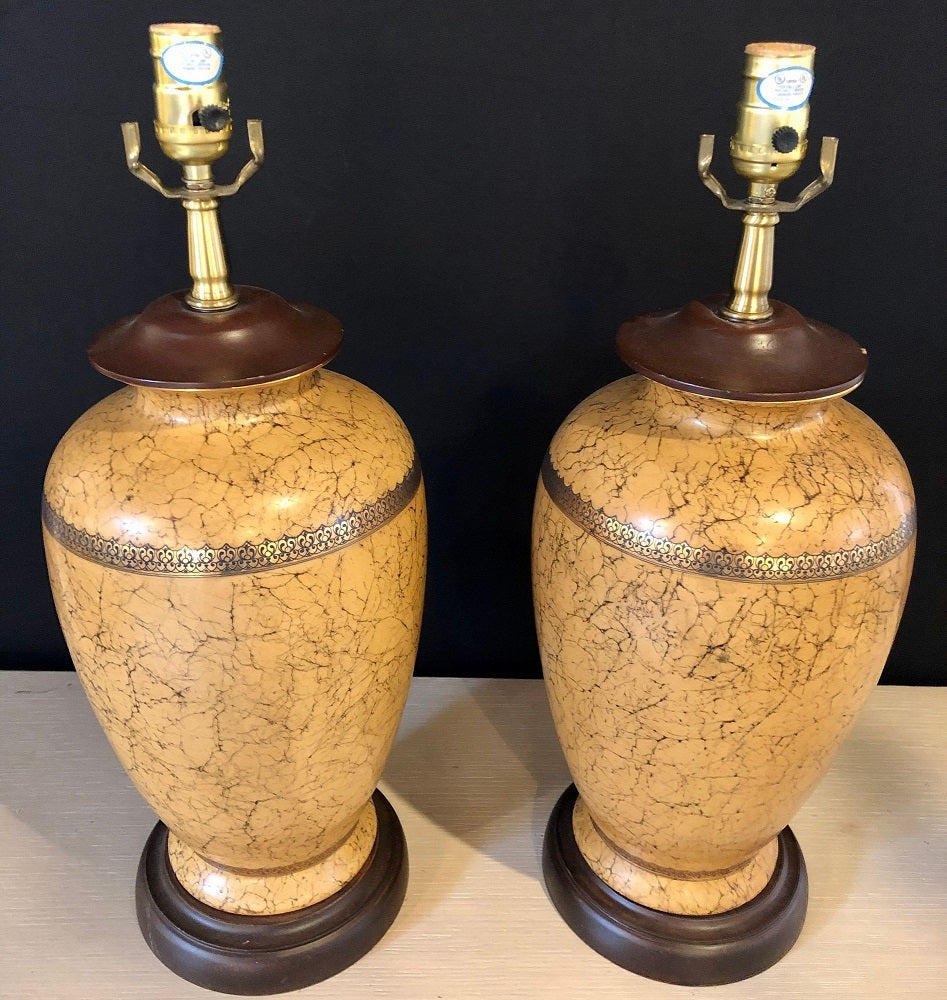 Pair of Ceramic Lamps with Gold Trim and Crackle Finish Wooden Base Bottom