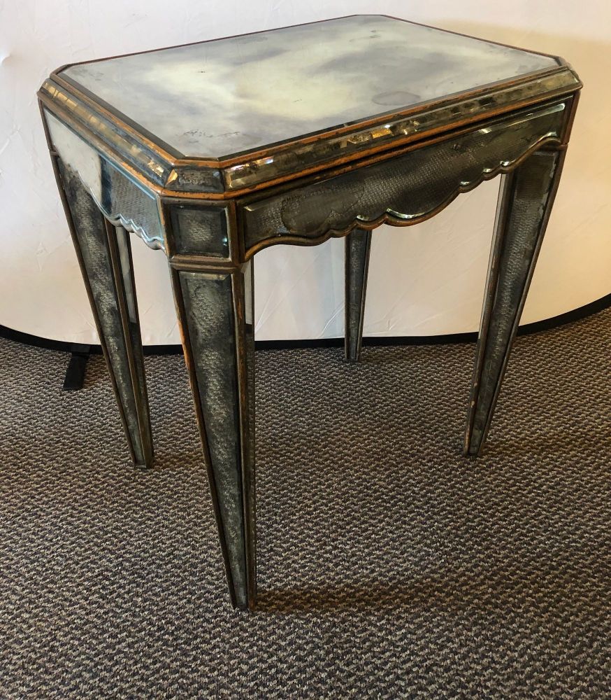 Hollywood Regency Distressed Beveled Mirror Single Draw End, Side Table or Desk