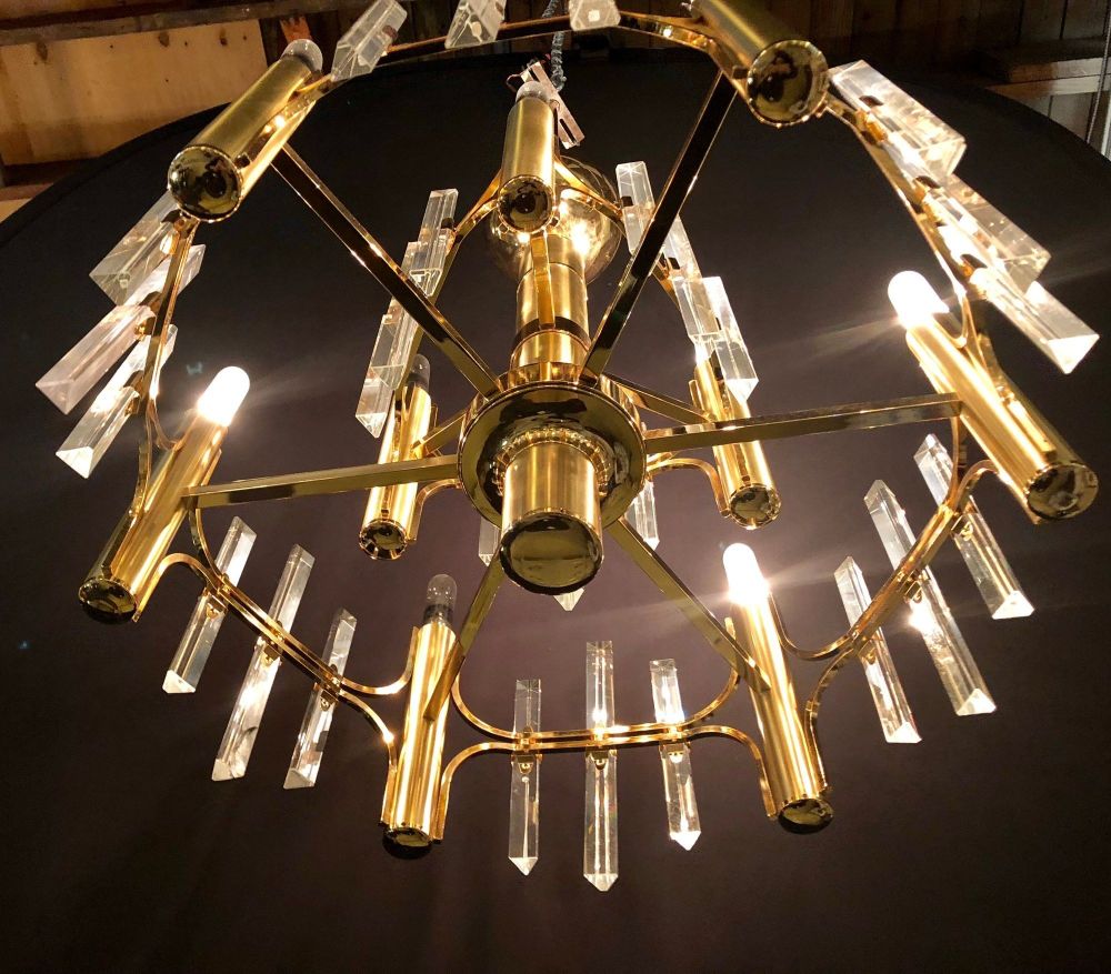 Tommi Parzinger Style Brass Chandelier Cylindrical Lights Crystal Prisms