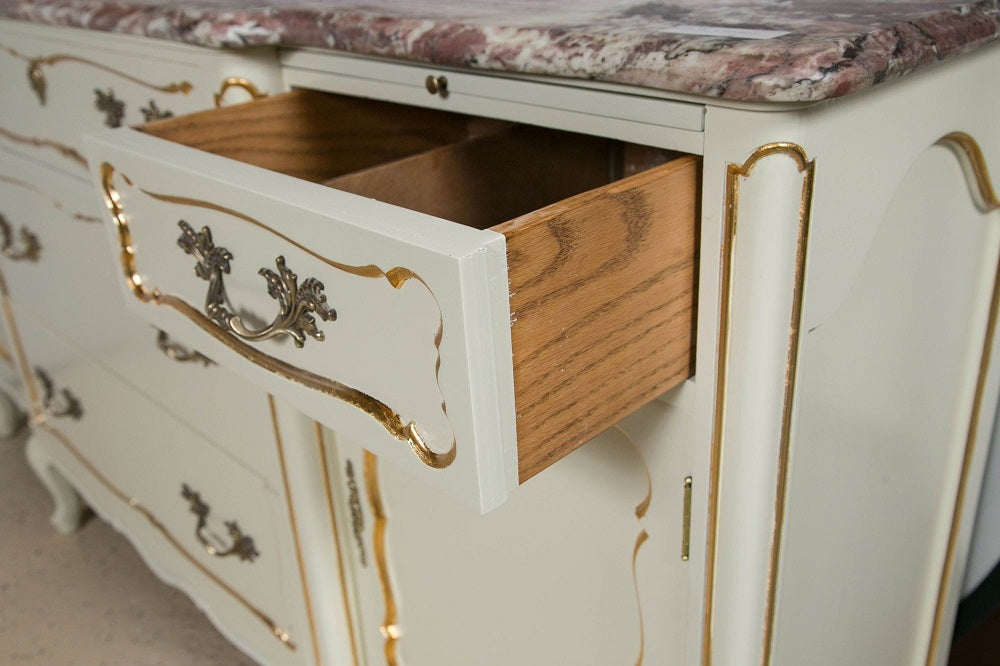 Custom Quality White Marble-Top Paint Decorated and Giltwood Sideboard Dresser