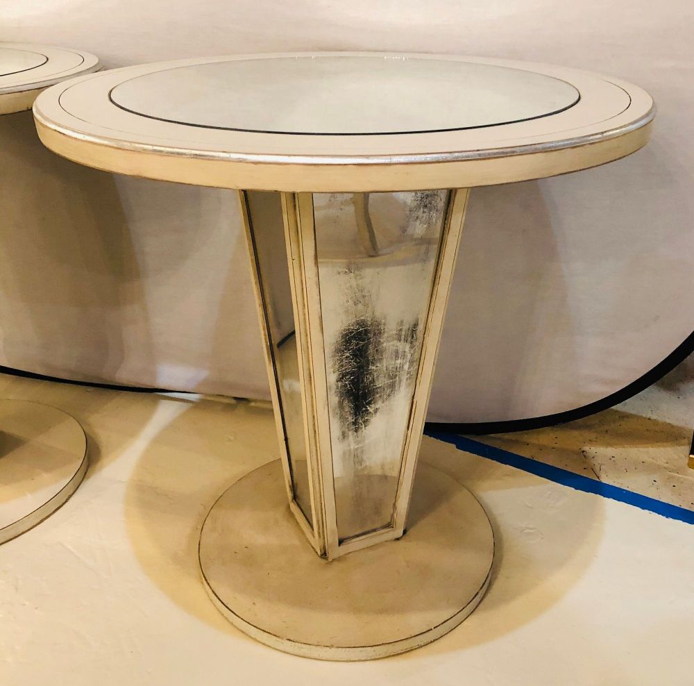 Hollywood Regency Paint Decorated Mirrored Side, End or Lamp Tables, a Pair