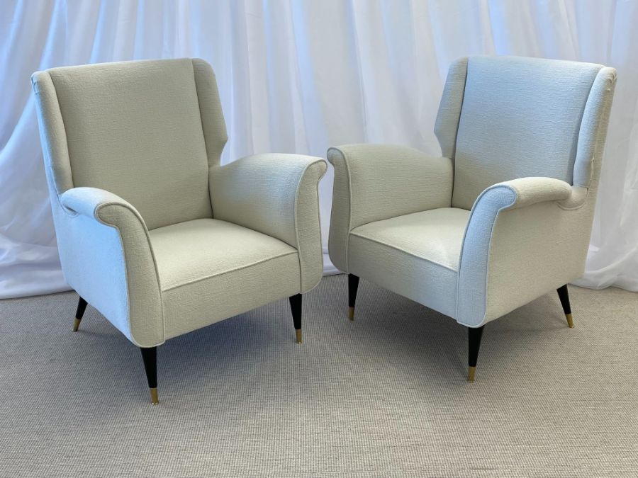 Mid-Century Modern Gio Ponti Style Armchairs, Wingback Chairs, Pair in Kravet Bouclé