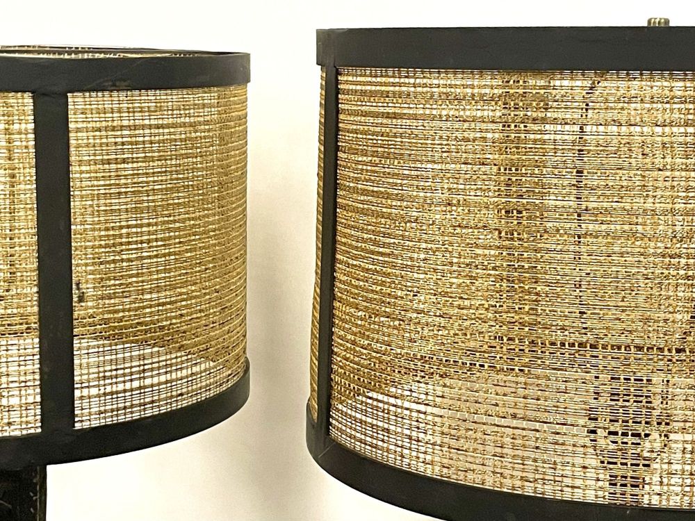 Pair of Giacometti Style Palatial Table Lamps, Custom Shades, Grecian, Metal