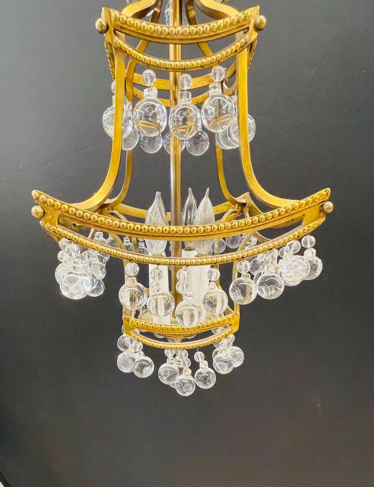 Bronze and Crystal Pagoda Form Diminutive Chandelier