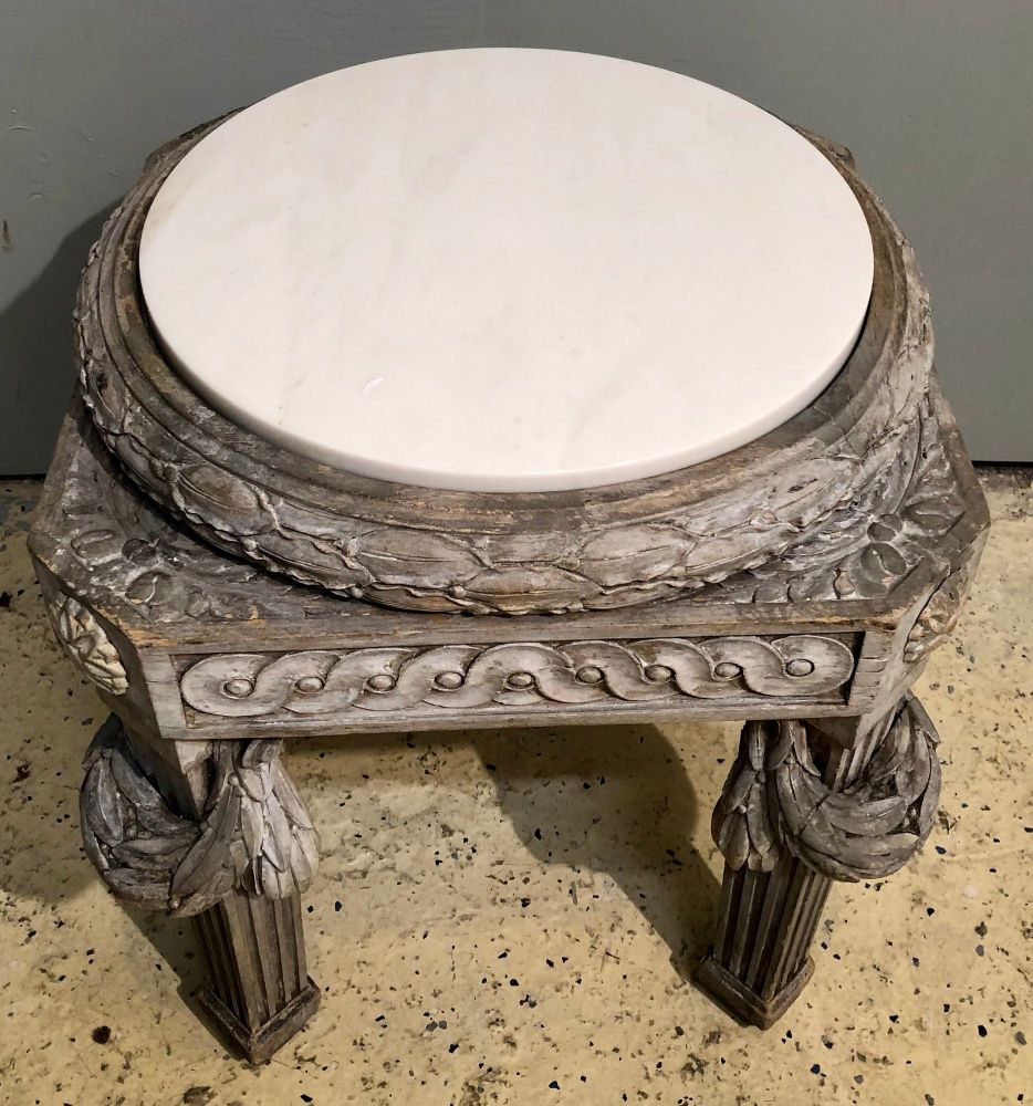 Gray Painted Swedish Stool with New Marble Top 19th Century Beechwood