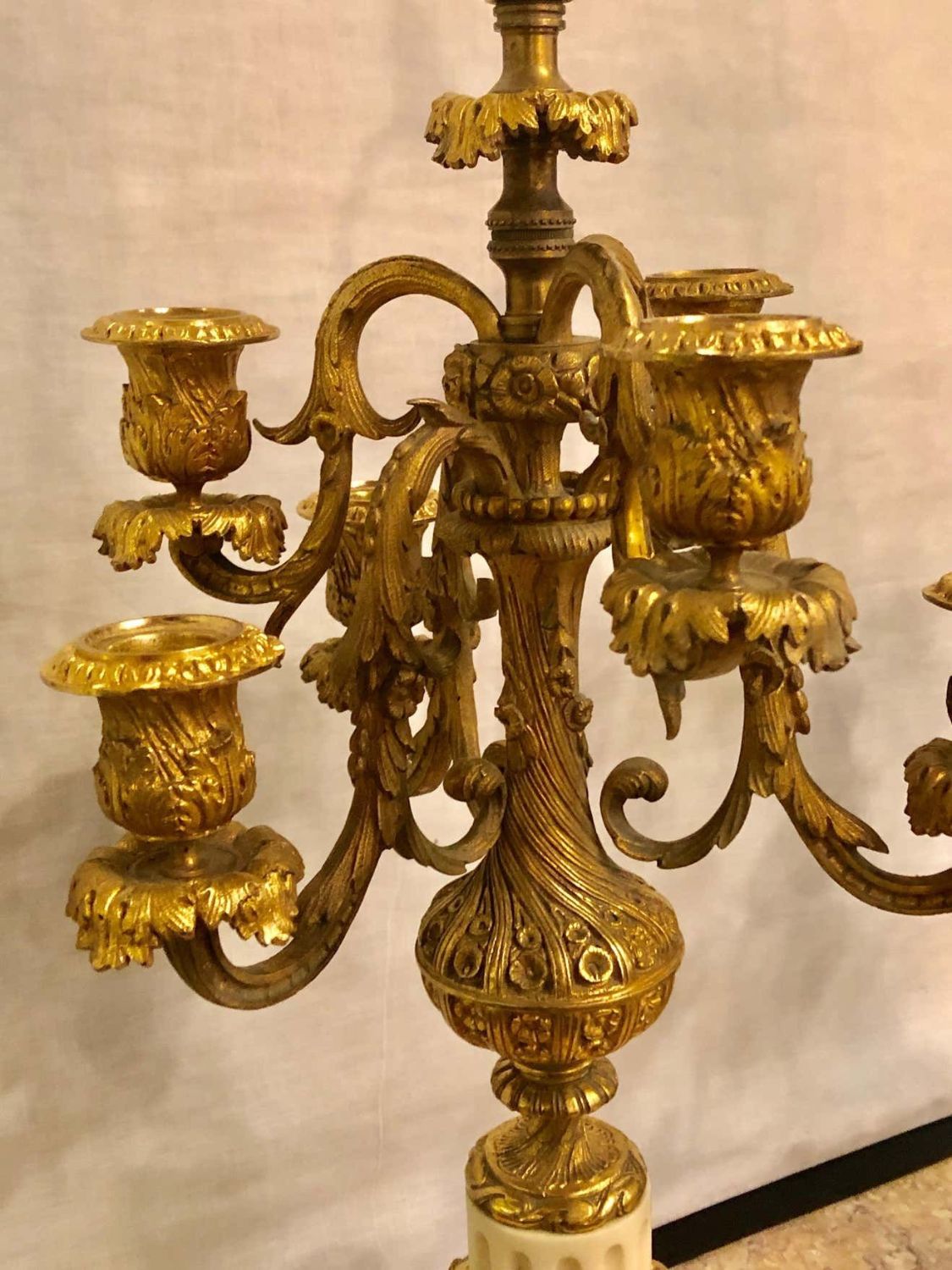 Pair of 19th Century Doré Bronze 7-Light Marble Base Candelabras Mounted as Lamp