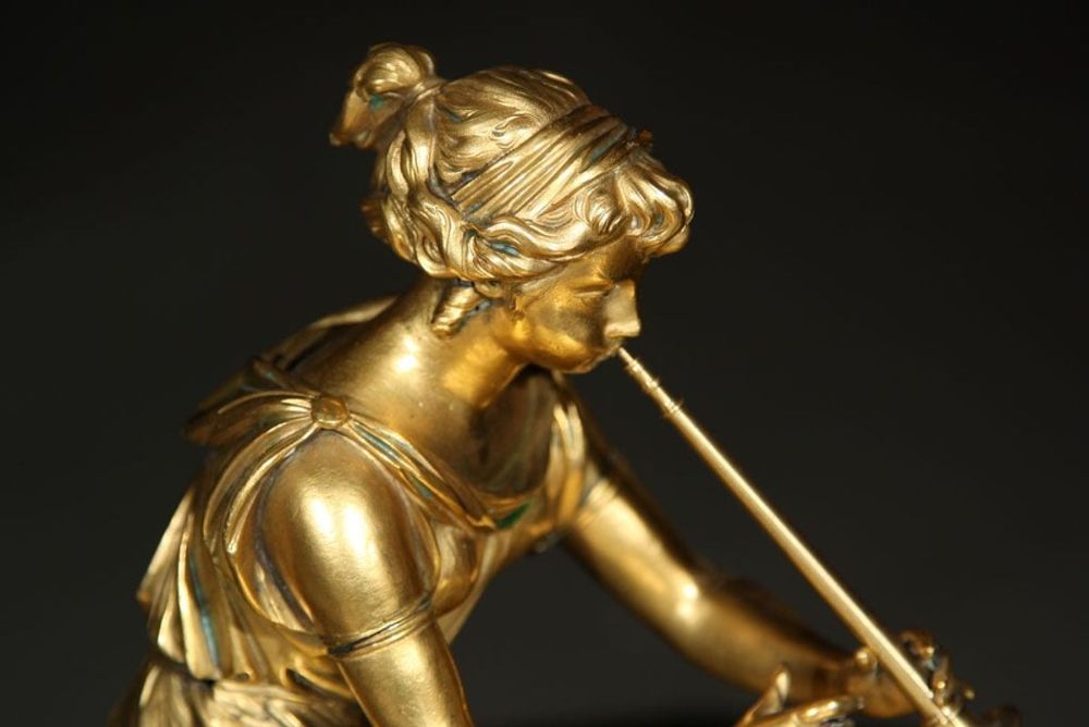 Gilt Bronze Figure of a Lady Playing a Flute Sculpture, 19th Century